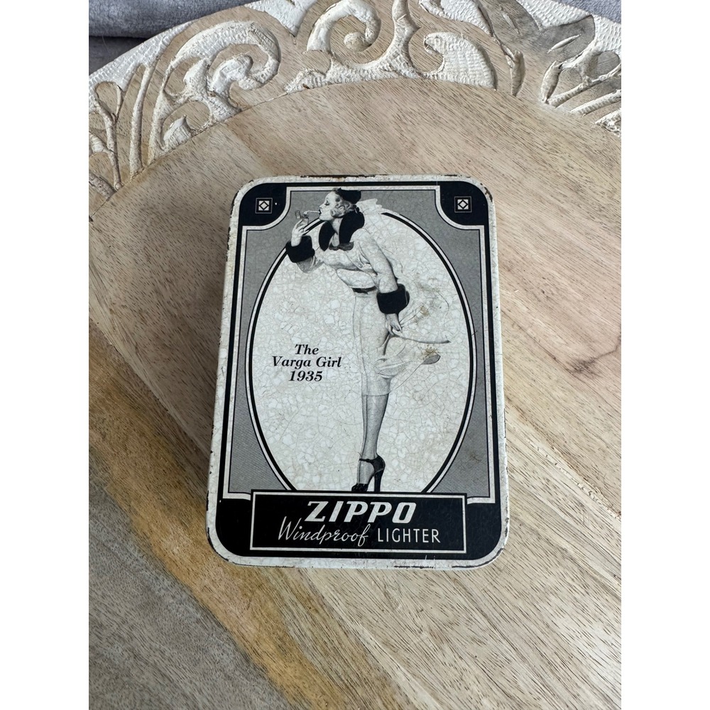 Vintage Zippo The Varga Girl 1935 Windproof Lighter Collector Tin Case Silver